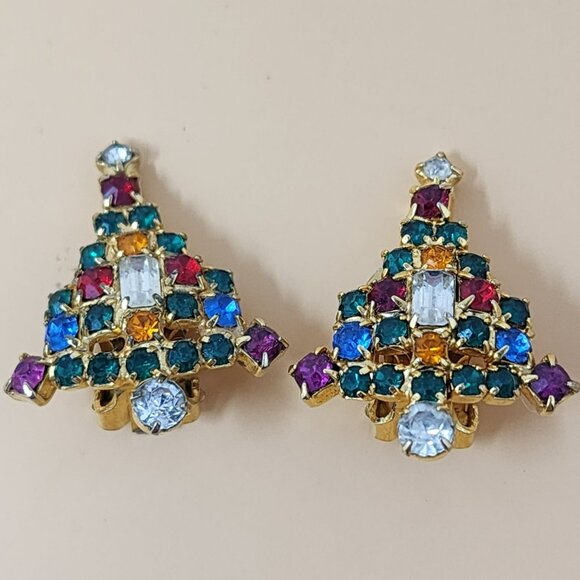Vintage Warner Christmas Tree Rhinestone Brooch & Clip Earrings Set - Picture 5 of 8